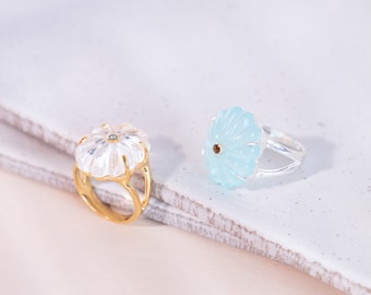 Flower Motif Ring, Chalcedony Ring, Blue Floral Ring, Engagement Ring, Flower Engagement Ring, Sterling Silver Ring, Blue Blossom Ring