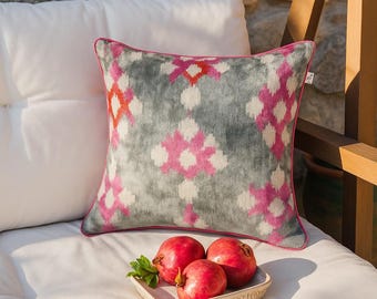 Ikat Velvet Pillow Cover, Pink & Gray Cushion, Turkish Artisan Decorative Pillow, Boho Throw Cushion