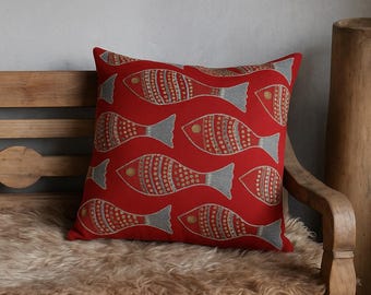 Suzani Fish Pillow Cover 50x50 cm – Red Embroidered Cushion, Anatolian Decorative Throw Pillow, Coastal Decor