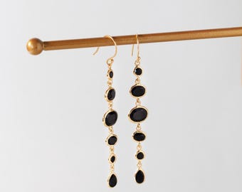 Gold Dangle Earrings with Black Onyx – Long Statement Drop Jewelry for Women - Daily Earring - Mothers Day Gift for Her - Birthstone Earring