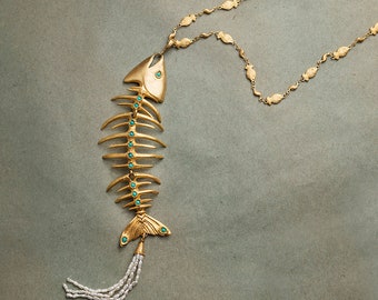 Gold Fish Bone Necklace, Pisces Necklace, Sea Life Jewel, Gold Long Chain Necklace, Historical Necklace, Sardine Pendant, Fish Lover Gift