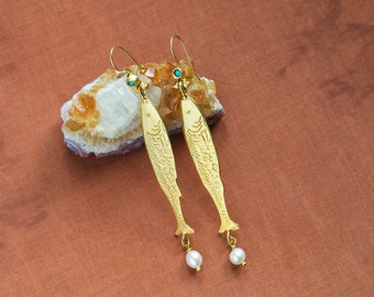 Fish Design Handmade Earrings, Most popular Turkish jewelry, dangling earrings, fish ,turquoise earrings with pearl,gold earrings,