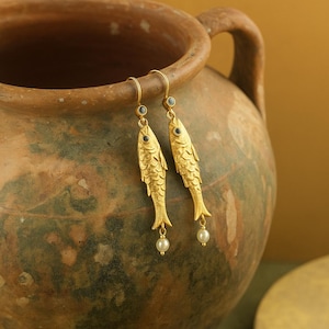 Dangling Fish Designed Earring, Gold Fish Earring ,Antique Gold Earrings