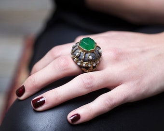 Handmade Authentic Design Ring with Pearl & Green Agate Stones, handmade jewelry, gold plated jewelry, most popular jewelry, handmade ring