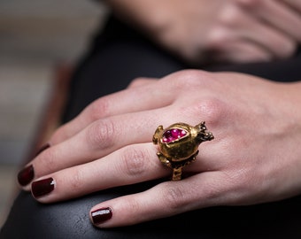 Handmade Pomegranate Design Ring, Turquoise, Garnet ,pomegranate jewelry, pomegranate ring ,gold ring, unique ring, symbolic ring