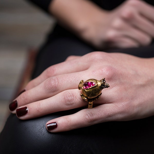 Handmade Pomegranate Design Ring, Turquoise, Garnet ,pomegranate jewelry, pomegranate ring ,gold ring, unique ring, symbolic ring