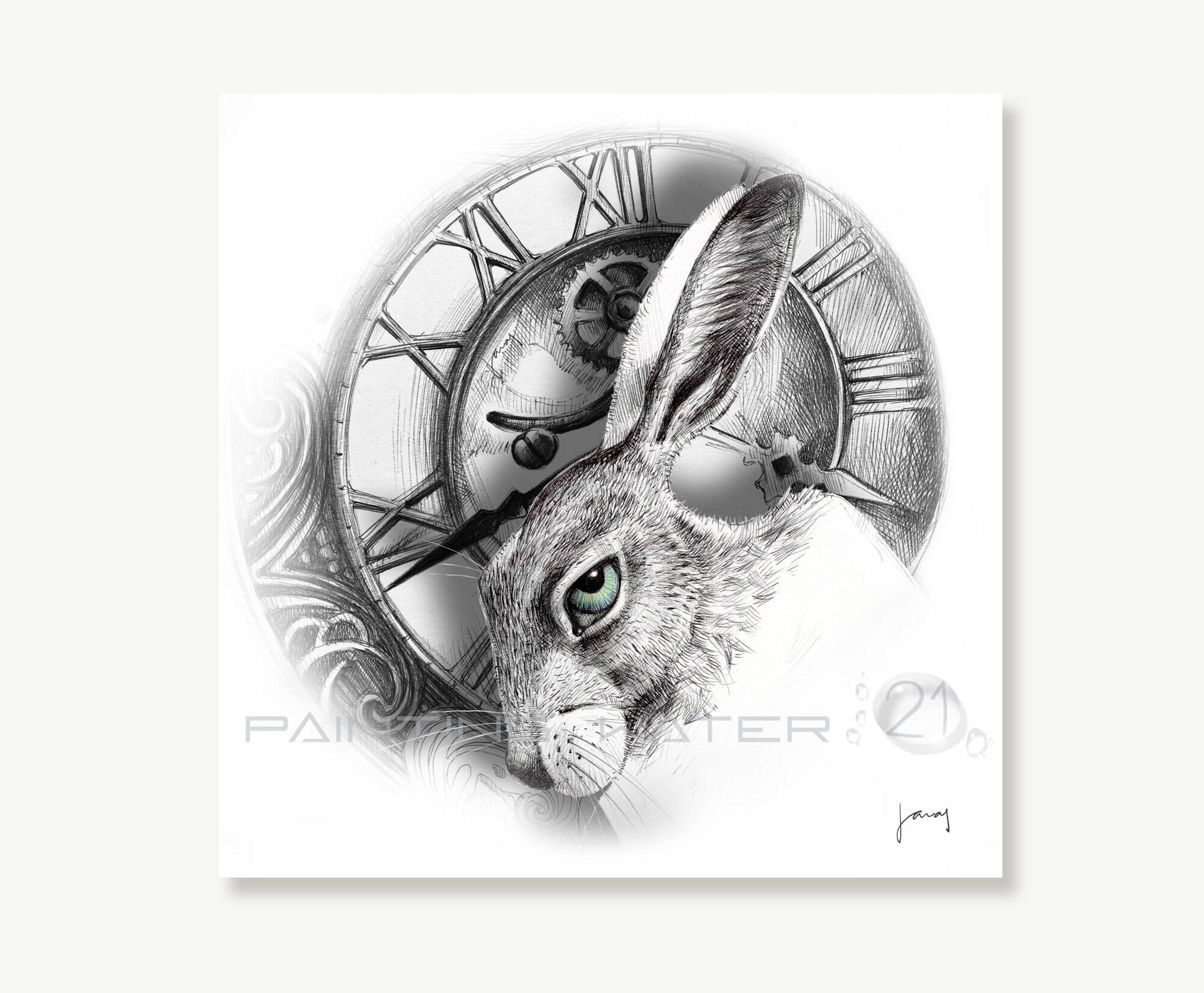White Rabbit Alice In Wonderland Print Illustration Realistic Drawing Print Sketch Black White Art Whimsical Art Clock Watch Time