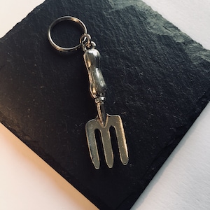 Garden Fork Key ring, Handmade UK Modern English Pewter, Garden fork keychain