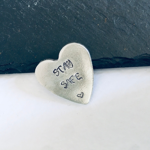 Stay Safe Personalised Heart Keepsake Token, Handmade UK Modern English Pewter, Hand Stamped with your message / words