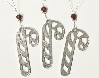 Hanging Candy Cane - set of 3 decoration, quirky Christmas Candy Cane, Pewter handmade Uk, Pewter Christmas Decoration