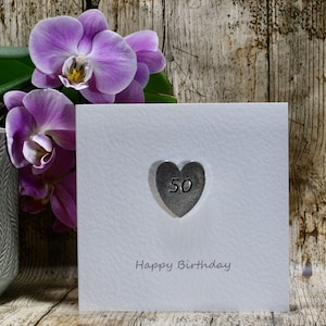50. Geburtstagskarte, Pocket Heart Andenken Token auf Geburtstagskarte. Alles Gute zum Geburtstag Karte, handgemacht UK Zinn, Andenken Geburtstagsgeschenk