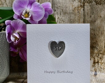 50th Birthday Card, Pocket Heart Keepsake Token on Birthday Card. Happy Birthday Card, Handmade UK Pewter, Keepsake birthday gift