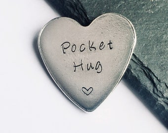 Pocket Hug Personalised Heart Keepsake Token, Pewter, Hand Stamped with your message / words, social distance gift, isolation gift, NHS gift