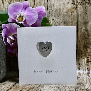 40. Geburtstagskarte, Taschenherz-Andenken auf Geburtstagskarte. Alles Gute zum Geburtstag Karte, Zinn handgefertigt, Andenken Geburtstagsgeschenk