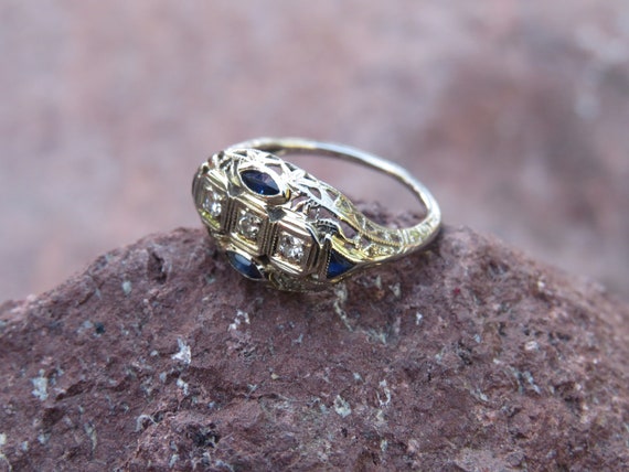 Art Deco Diamond and Sapphire Ring - image 2