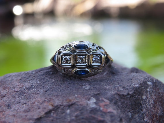 Art Deco Diamond and Sapphire Ring - image 1