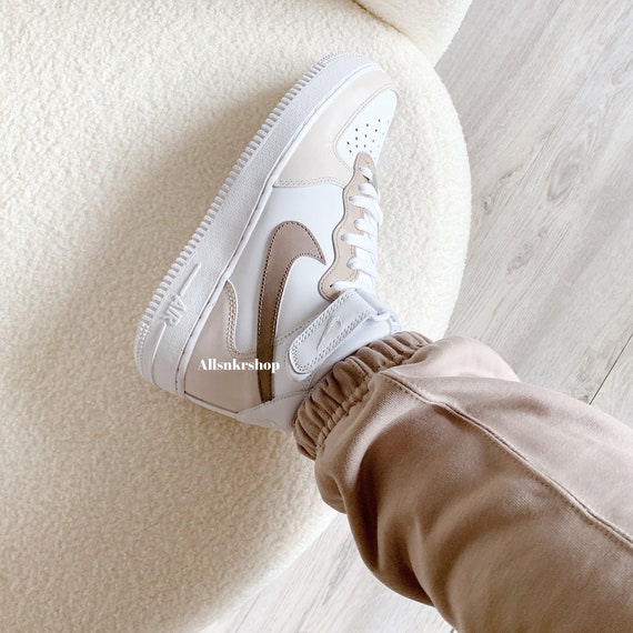 Brown Neutral - Custom Kids Nike Air Force 1 - Beige Khaki Sneakers