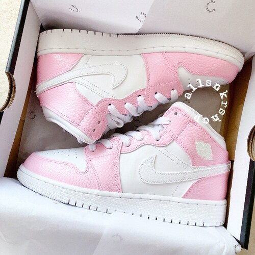Baby Pink Swoosh Grey Custom Air Jordan 1 Mid Sneakers - Etsy