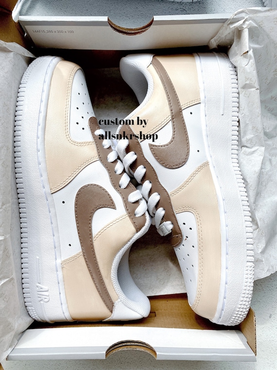 Nike Air Force 1 Custom White Shoes Cream Beige Black Swoosh Sneakers All  Sizes