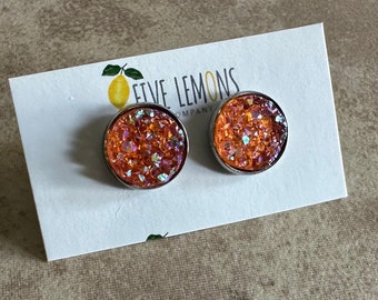 Chunky Orange Druzy 12mm Stud Earring