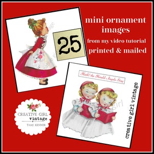 May include: Two vintage Christmas images for crafting. The first image shows a girl in a red dress holding a white kitten. The second image shows two girls in white dresses singing from a red book. The text "Hark! the Herald Angels Sing" is above the girls. The text "creative girl vintage" is on the right side of the image.