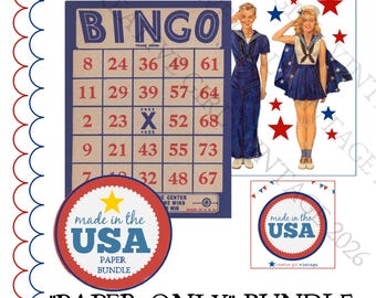 PAPER ONLY Made in the USA Vintage Bingo card Assemblage Images with video tutorial Printed and mailed