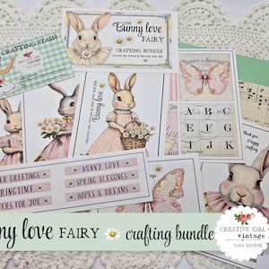 May include: A digital scrapbooking kit with a bunny theme. The kit includes images of bunnies, flowers, butterflies, and other spring-themed elements. The kit also includes text elements such as "Bunny Love Fairy", "Easter Greetings", "Springtime", and "Flowers for You".