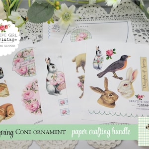 May include: A digital paper crafting bundle with images of bunnies, birds, and flowers. The bundle is titled "Easter/Spring Cone Ornament" and includes the text "Creative Girl Vintage" and "Thoughts of Spring".