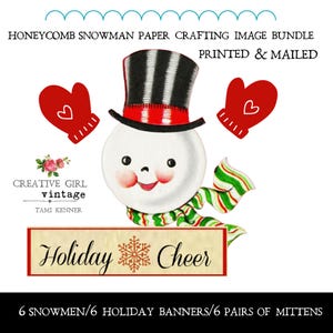 May include: A vintage-style illustration featuring a snowman with a black and white top hat, red scarf, and red mittens with hearts. The image includes the text "Holiday Cheer" and is part of a paper crafting bundle.