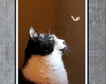Cat print poster - cat kitten with butterfly moth oil painting print