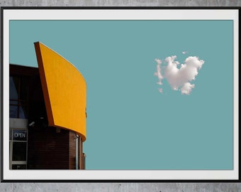 Architecture coastal print, teal blue sky and cloud, coastal photography poster