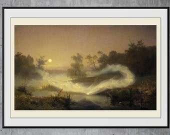 Dancing Fairies - art print poster, August Malmtröm painting, digitally restored, folklore, faeries, pixies, sunset