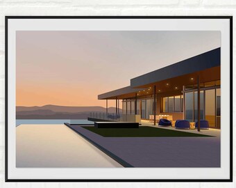 California Modernism art print, Mid Century Modern architecture art poster, hand-drawn digitally