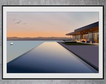 California Modernism art print, Mid Century Modern architecture art poster, digitally hand-drawn