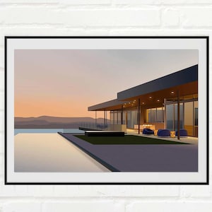 California Modernismus Kunstdruck, Mid Century Modern Architektur Kunst Poster, digital von Hand gezeichnet