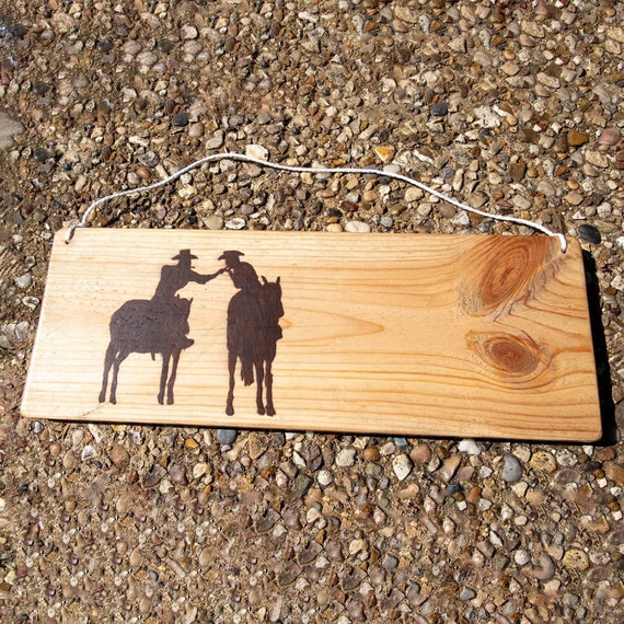 Cowboys on Horseback Lighting Cigarette Wooden Wall Art Rustic Recycled  Wood, Wild West Hanging Sign