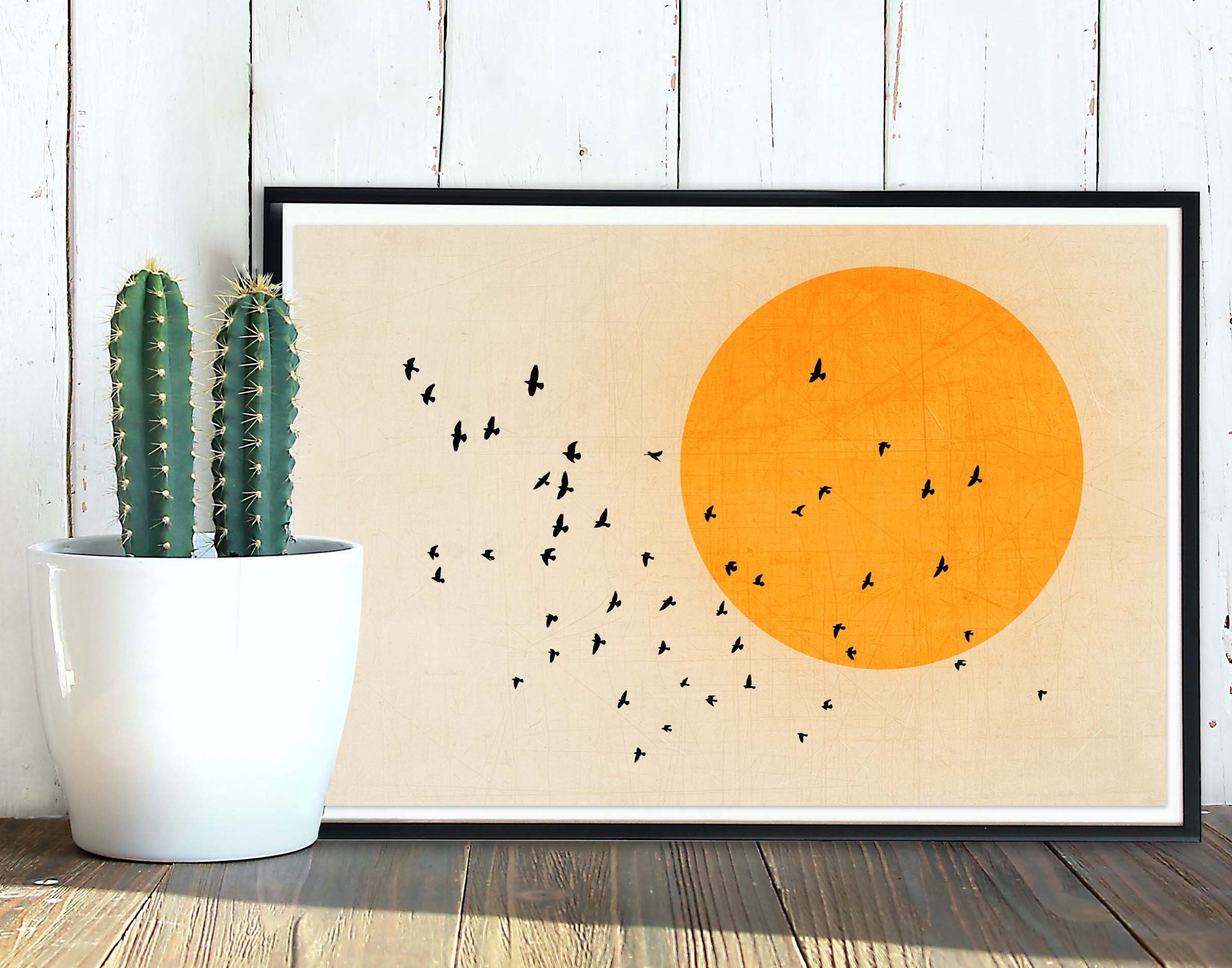 Mid Century Modern print, Birds on Sun, sunset poster, fading sun, MCM birds, autumn sun (18 x 12in)
