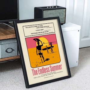 The Endless Summer movie poster art print, 1966 surfing movie reproduction, pink, orange