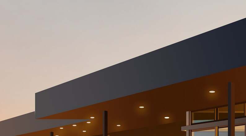 May include: A modern building with a dark blue roof and a brown overhang. The overhang has several recessed lights.