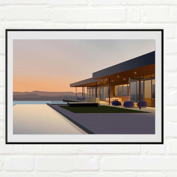 California Modernism art print, Mid Century Modern architecture art poster, hand-drawn digitally