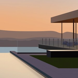 May include: A modern house with a large deck overlooking a body of water and mountains in the distance. The deck has a glass railing and a few chairs. The house has a flat roof and large windows.