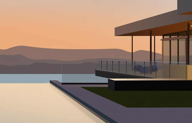 May include: A modern house with a large deck overlooking a body of water and mountains in the distance. The deck has a glass railing and a few chairs. The house has a flat roof and large windows.