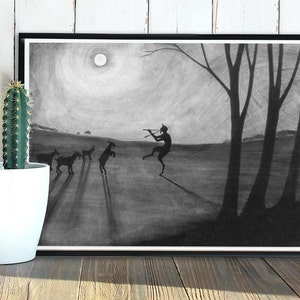 Leon Spilliaert - Art Print Poster, Faun by Moonshine, Faun bei Maneschijn, Pfanne, Satyr, Folklore, Mythologie, Kohlestiftkunst 24in x 18in