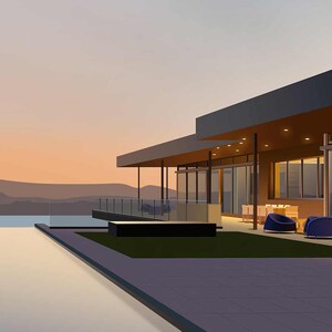 May include: A modern house with a large pool and patio overlooking a body of water and mountains in the distance. The patio has blue lounge chairs and a black rectangular planter.