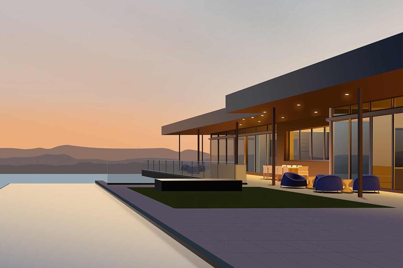 May include: A modern house with a large pool and patio overlooking a body of water and mountains in the distance. The patio has blue lounge chairs and a black rectangular planter.