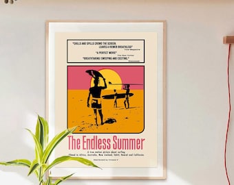 The Endless Summer movie poster art print, 1966 surfing movie reproduction, pink orange (18in x 24in)