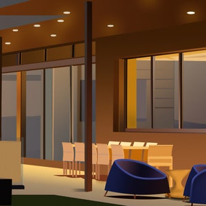 May include: A modern patio with a wooden ceiling and large windows. The patio is furnished with a table and chairs, as well as two blue lounge chairs.