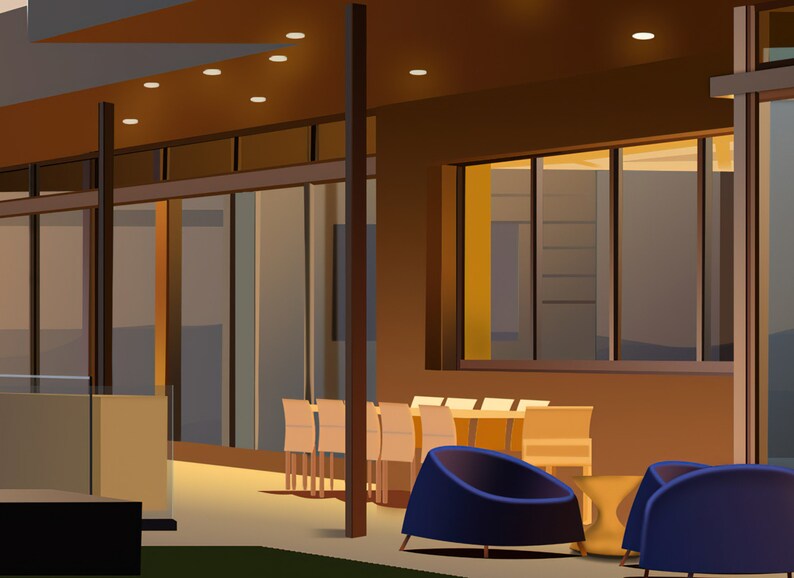 May include: A modern patio with a wooden ceiling and large windows. The patio is furnished with a table and chairs, as well as two blue lounge chairs.