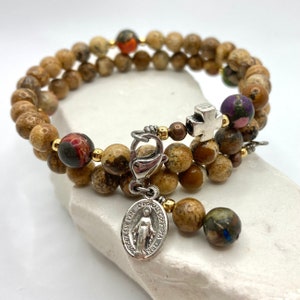 Vida Rainbow Rosary Bracelet, landscape jasper stone beads, rainbow prayer beads, Confirmation gift for her, memory wire wrap bracelet