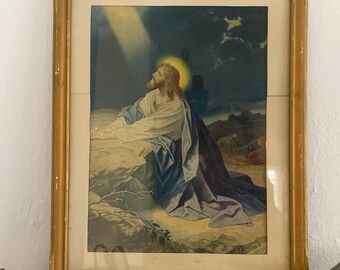Jesus Praying In The Garden Of Gethsemane, Vintage Art Print Framed With Glass